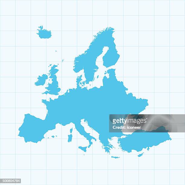 illustrazioni stock, clip art, cartoni animati e icone di tendenza di europa mappa su griglia su sfondo blu - europa continente