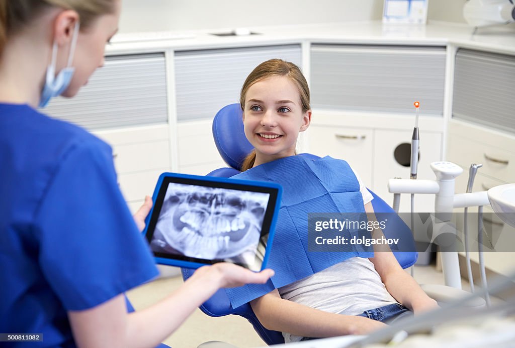 Dentist with x-ray on tablet pc and patient girl