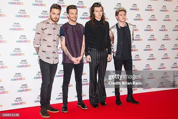 Louis Tomlinson , Liam Payne, Harry Styles and Niall Horan of One Direction attend the BBC Music Awards at Genting Arena on December 10, 2015 in...