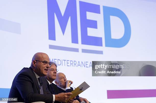 Italian Foreign Minister Paolo Gentiloni , CEO of Eni Claudio Descalzi and ISPI honorary president Giorgio Napolitano attend the Forum Med 2015 Rome...