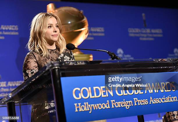 Actress Chloe Grace Moretz attends the 73rd Annual Golden Globe Awards nominations announcement at The Beverly Hilton Hotel on December 10, 2015 in...