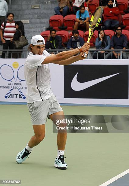 Rafael Nadal, Spanish Tennis player, during the inaugural match for a tie-up between Rafael Nadal Academy and Mahesh Bhupathi Tennis Academies to...