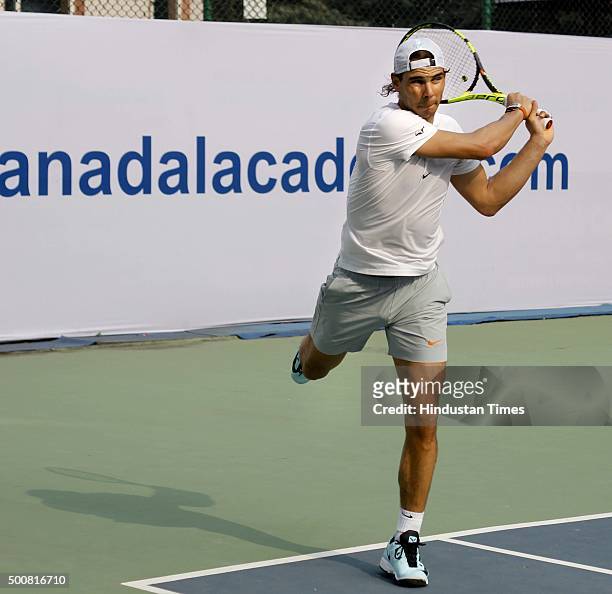 Rafael Nadal, Spanish Tennis player, during the inaugural match for a tie-up between Rafael Nadal Academy and Mahesh Bhupathi Tennis Academies to...