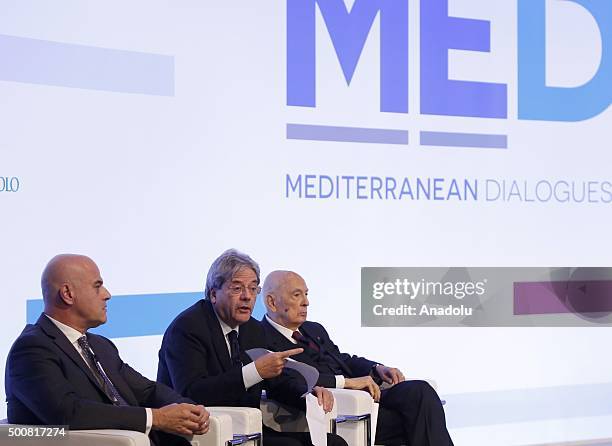 Italian Foreign Minister Paolo Gentiloni , CEO of Eni Claudio Descalzi and ISPI honorary president Giorgio Napolitano attend the Forum Med 2015 Rome...