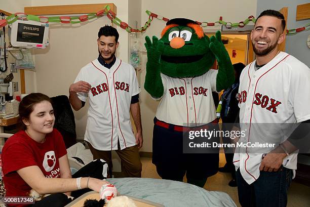 Boston Red Sox players Noe Ramirez and Deven Marrero, along with Mascot Wally The Green Monster, visit with Jan at Boston Children's Hospital...