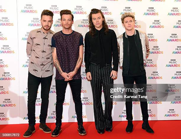 Liam Payne, Louis Tomlinson, Harry Styles and Niall Horan of One Direction attend the BBC Music Awards at Genting Arena on December 10, 2015 in...