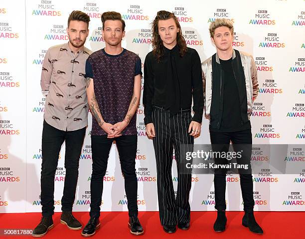 Liam Payne, Louis Tomlinson, Harry Styles and Niall Horan of One Direction attend the BBC Music Awards at Genting Arena on December 10, 2015 in...