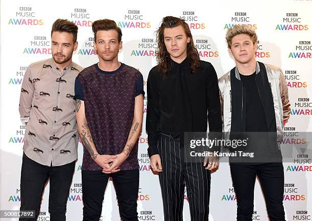 Liam Payne, Louis Tomlinson, Harry Styles and Niall Horan of One Direction attend the BBC Music Awards at Genting Arena on December 10, 2015 in...