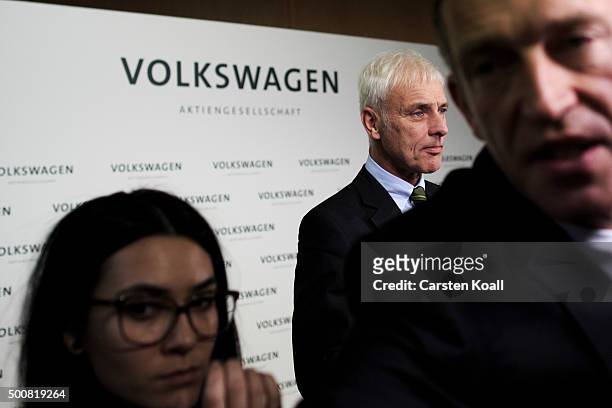 Volkswagen Group Chairman Matthias Mueller speaks to the media during an interview after a press conference to announce the latest update in the...
