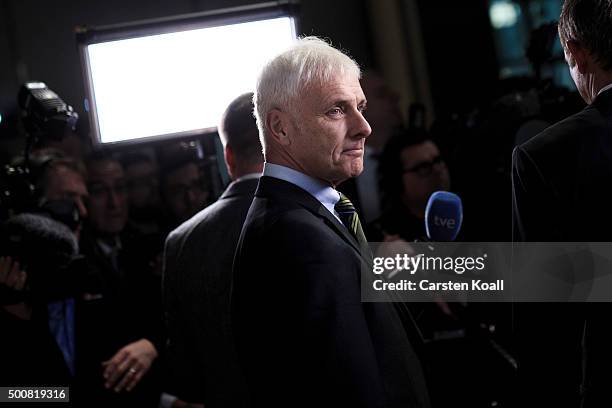 Volkswagen Group Chairman Matthias Mueller speaks to the media during an interview after a press conference to announce the latest update in the...