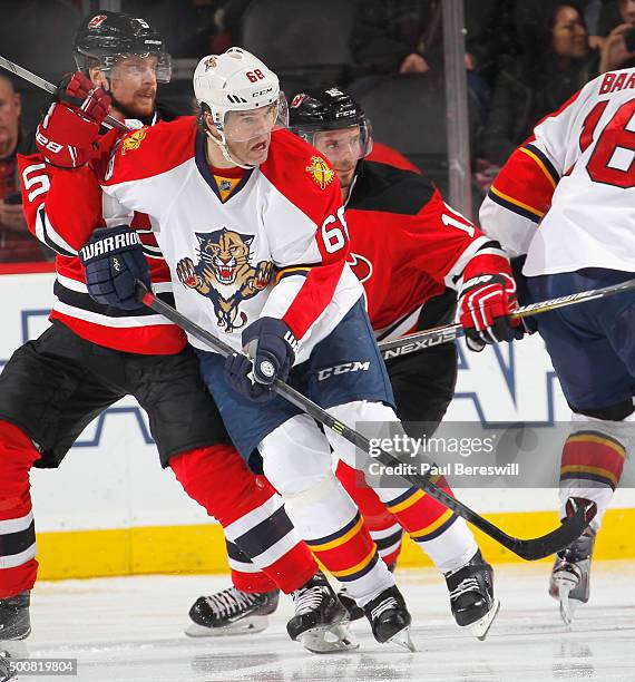 Jaromir Jagr of the Florida Panthers skates in an NHL hockey game against the New Jersey Devils at Prudential Center on December 6, 2015 in Newark,...