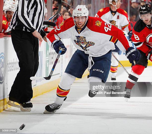 Quinton Howden of the Florida Panthers skates in an NHL hockey game against the New Jersey Devils at Prudential Center on December 6, 2015 in Newark,...