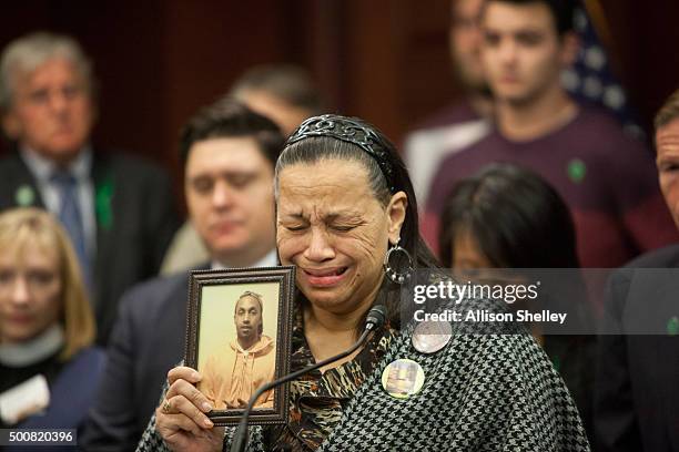 Miyoshia Bailey cries as she describes how her only son, Cortez Bailey was shot to death in Chicago, Illinois, during a press conference, on Capitol...