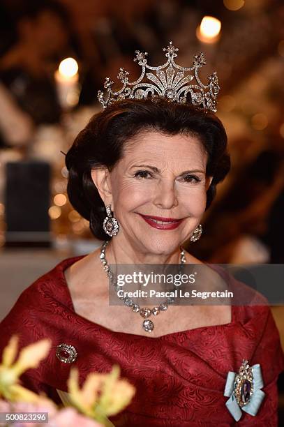 Queen Silvia of Sweden attends the Nobel Prize Banquet 2015 at City Hall on December 10, 2015 in Stockholm, Sweden.