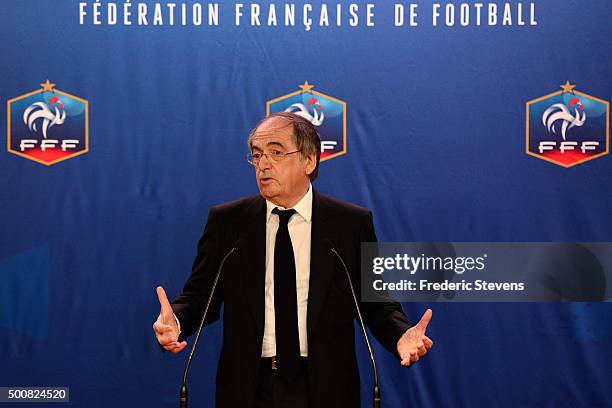 President of the French Football Federation , Noel Le Graet attends a press conference at the FFF headquarters on December 10, 2015 in Paris, France....