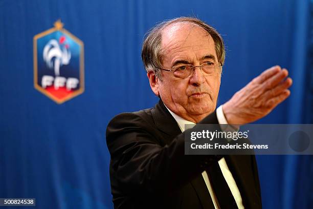 President of the French Football Federation , Noel Le Graet attends a press conference at the FFF headquarters on December 10, 2015 in Paris, France....