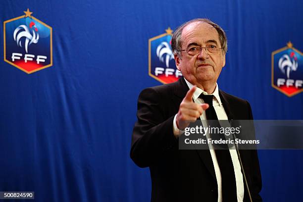 President of the French Football Federation , Noel Le Graet attends a press conference at the FFF headquarters on December 10, 2015 in Paris, France....