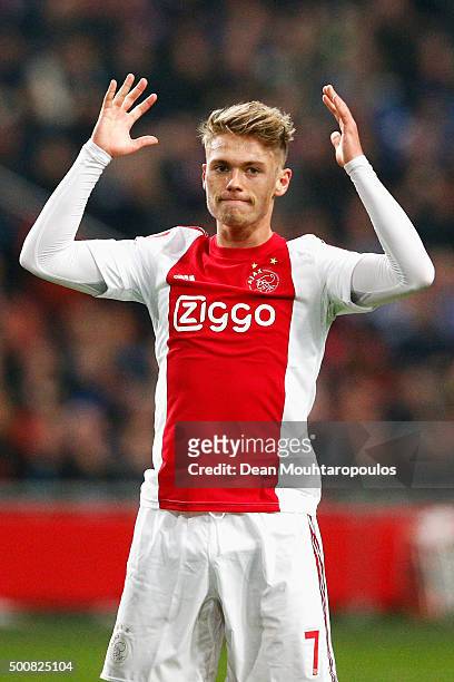 Viktor Fischer of Ajax reacts to a missed chance on goal during the group A UEFA Europa League match between AFC Ajax and Molde FK held at Amsterdam...
