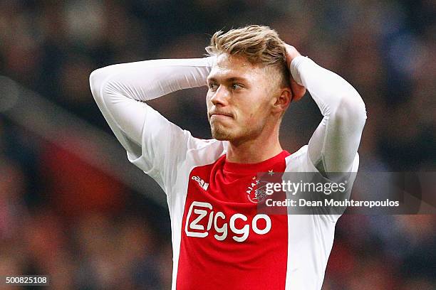 Viktor Fischer of Ajax reacts to a missed chance on goal during the group A UEFA Europa League match between AFC Ajax and Molde FK held at Amsterdam...