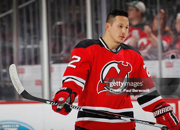 Jordin Tootoo of the New Jersey Devils waits during warmups before an NHL hockey game against the Florida Panthers at Prudential Center on December...