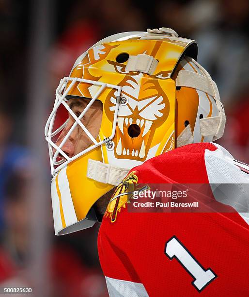 Roberto Luongo of the Florida Panthers waits for a faceoff during an NHL hockey game against the New Jersey Devils at Prudential Center on December...