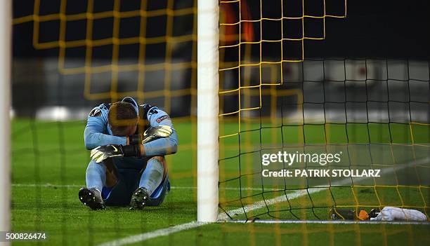 S goalkeeper Panagiotis Glykos reacts after the UEFA Europa League football match between Borussia Dortmund and PAOK FC at BVB Stadion Dortmund in...