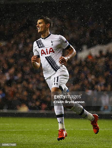 Erik Lamela of Spurs celebrates after scoring his team's second goal during the UEFA Europa League Group J match between Tottenham Hotspur and AS...