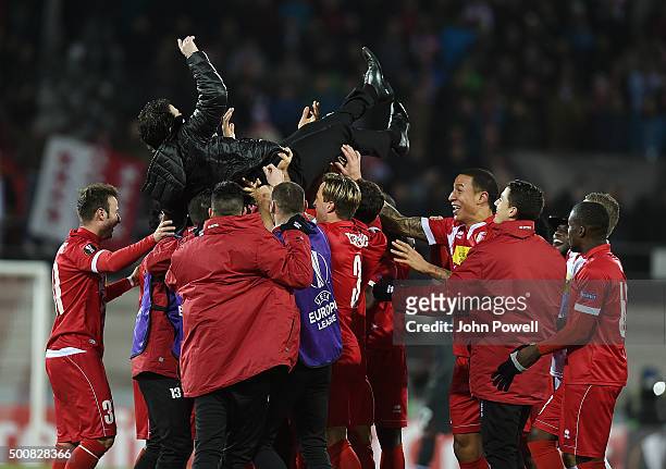 Didier Tholot manager of FC Sion celebrates at the end during the UEFA Europa League match between FC Sion and Liverpool FC at Estadio Tourbillon on...