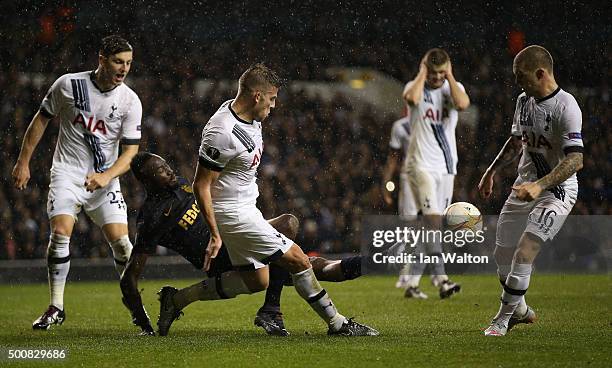 Toby Alderweireld of Spurs clears the ball during the UEFA Europa League Group J match between Tottenham Hotspur and AS Monaco at White Hart Lane on...