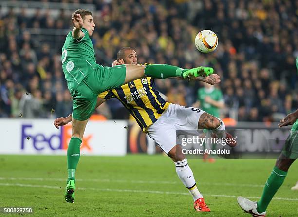 Fernandao of Fenerbahce vies for the ball with Jozo Simunovic of Celtic during the UEFA Europa League Group A soccer match between Fenerbahce SK and...