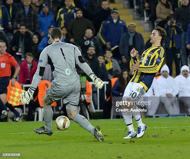 Lazar Markovic of Fenerbahce vies for the ball with Craig Gordon of Celtic during the UEFA Europa League Group A soccer match between Fenerbahce SK...