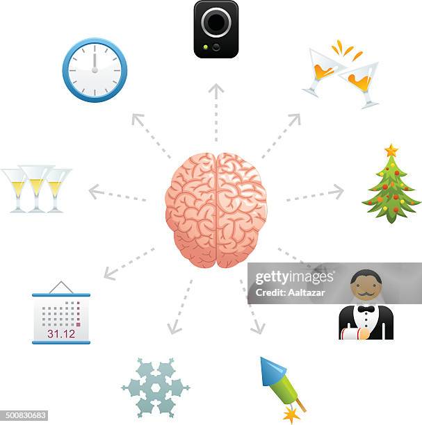 thinking about new year's eve - cerebral cortex neuron stock illustrations