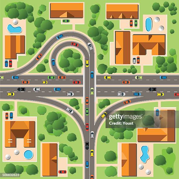 illustrazioni stock, clip art, cartoni animati e icone di tendenza di mappa di cottage village - overpass road