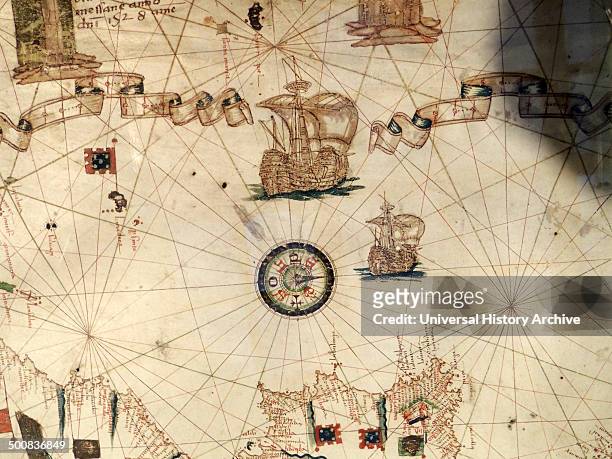 Mediterranean Sea with compass and ship, depicted in Jacopo Russo Map of the world 16th century circa 1528 from the 'Carte Geografiche'