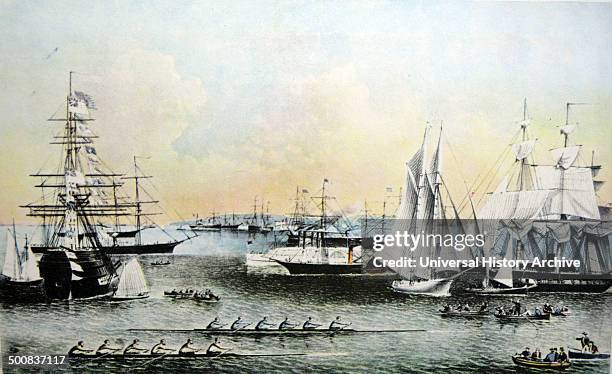 Currier & Ives Illustration 19th Century, Summer scenes of ships in New York Harbour