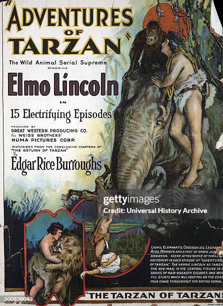 Adventures of Tarzan by Edgar Rice Burroughs, 1875-1950 , author 1921, Window card for motion picture "Adventures of Tarzan" shows Tarzan in scenes...