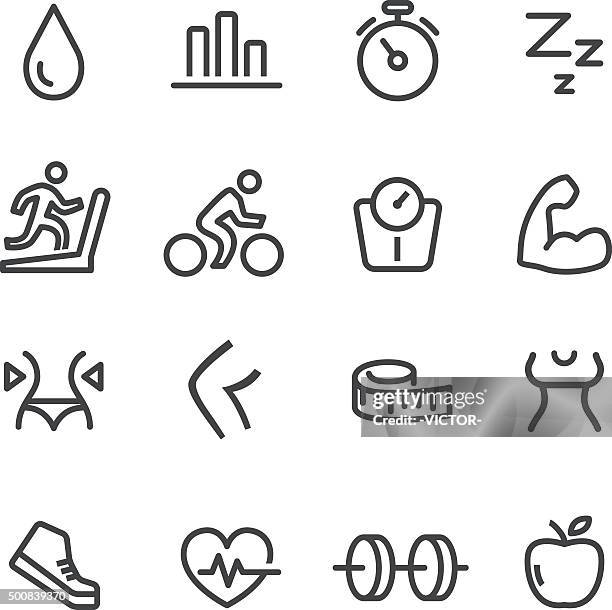 ilustraciones, imágenes clip art, dibujos animados e iconos de stock de conjunto de iconos de fitness-line - bíceps