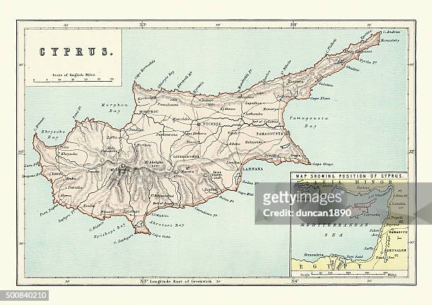 antique map of cyprus, 19th century - cyprus stock illustrations