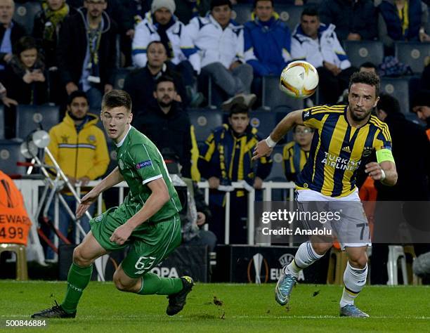 Gokhan Gonul of Fenerbahce vies for the ball with Kieran Tierney of Celtic during the UEFA Europa League Group A soccer match between Fenerbahce SK...