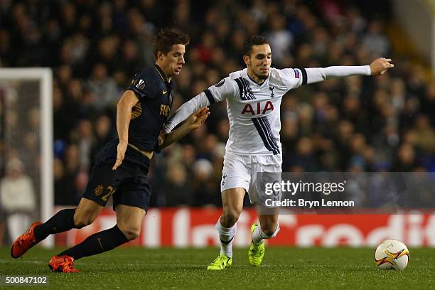 Nabil Bentaleb of Spurs is pursued by Mario Pasalic of Monaco during the UEFA Europa League Group J match between Tottenham Hotspur and AS Monaco at...