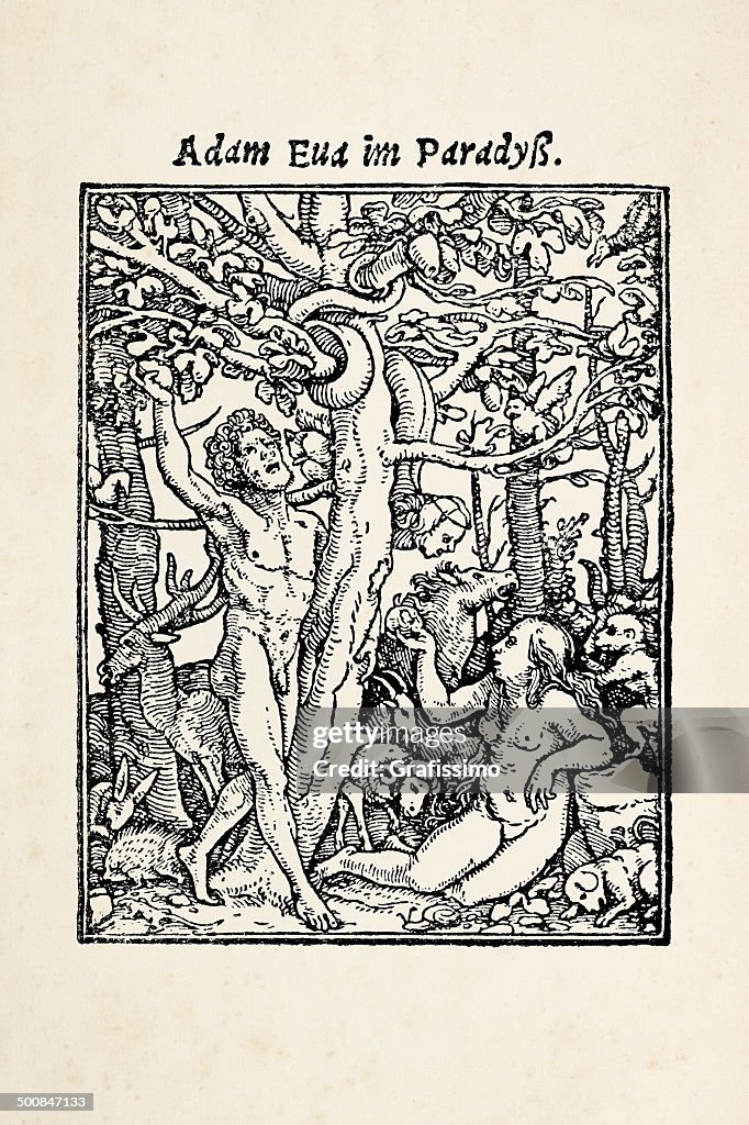 Eve offering apple to Adam in garden Eden after Holbein