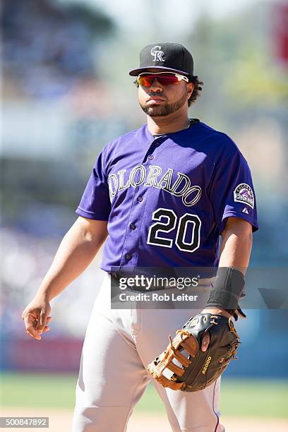 Wiiin Rosario of the Colorado Rockies looks on during the game against the Los Angeles Dodgers at Dodger Stadium on Sunday, April 19, 2015 in Los...