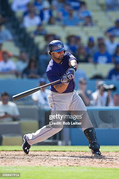 Wiiin Rosario of the Colorado Rockies bats during the game against the Los Angeles Dodgers at Dodger Stadium on Sunday, April 19, 2015 in Los...