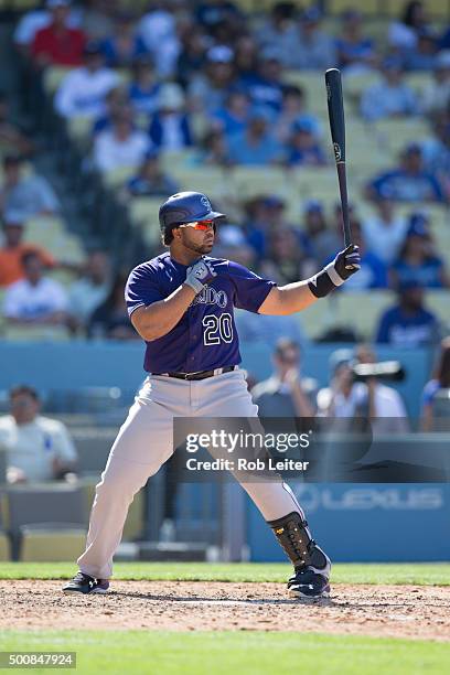 Wiiin Rosario of the Colorado Rockies bats during the game against the Los Angeles Dodgers at Dodger Stadium on Sunday, April 19, 2015 in Los...