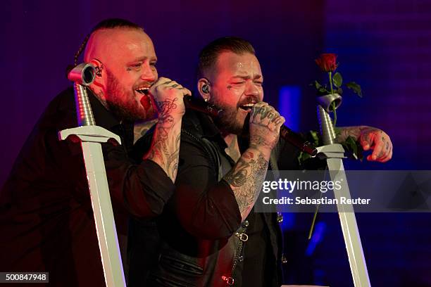 Hagen Stoll and Sven Gillert of Haudegen perform at Apostel-Paulus-Kirche on December 10, 2015 in Berlin, Germany.