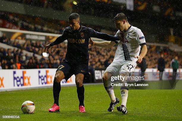 Nabil Dirar of Monaco holds off the challenge from Kevin Wimmer of Spurs during the UEFA Europa League Group J match between Tottenham Hotspur and AS...