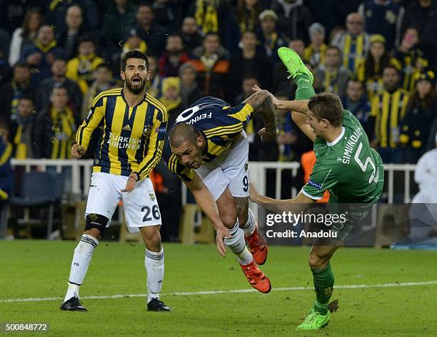 Fernandao of Fenerbahce vies for the ball with Jozo Simunovic of Celtic during the UEFA Europa League Group A soccer match between Fenerbahce SK and...