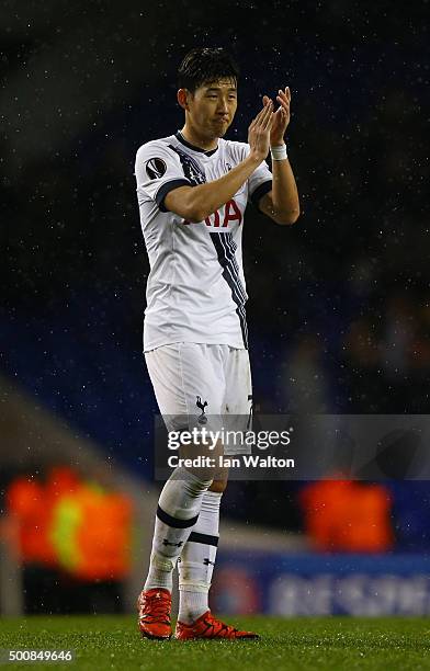 Son Heung-Min of Spurs applauds the fans following his team's 4-1 victory during the UEFA Europa League Group J match between Tottenham Hotspur and...