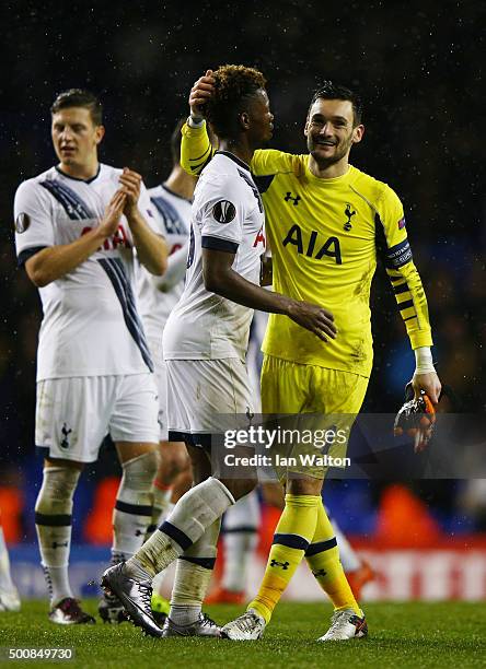 Joshua Onomah and Hugo Lloris of Spurs celebrate following their team's 4-1 victory during the UEFA Europa League Group J match between Tottenham...