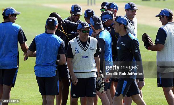 New Zealand coach Mike Hesson prior to day two of the First Test match between New Zealand and Sri Lanka at University Oval on December 11, 2015 in...